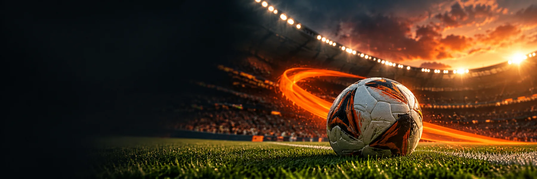 Bola de futebol em um estádio iluminado, com um rastro laranja sobre o gramado.