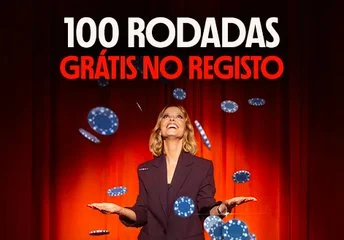 Anúncio de 100 rodadas grátis no cadastro, com uma apresentadora e fichas de cassino.