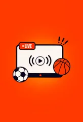 Tela de transmissão esportiva ao vivo com bolas de futebol e basquete.