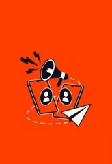 Ilustração de indicação de amigos com megafone, dois perfis e um avião de papel.