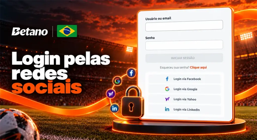 Tela de login da Betano com Facebook, Google, Yahoo e LinkedIn