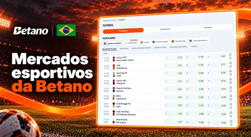 Mercados de futebol na Betano com resultados, gols e odds