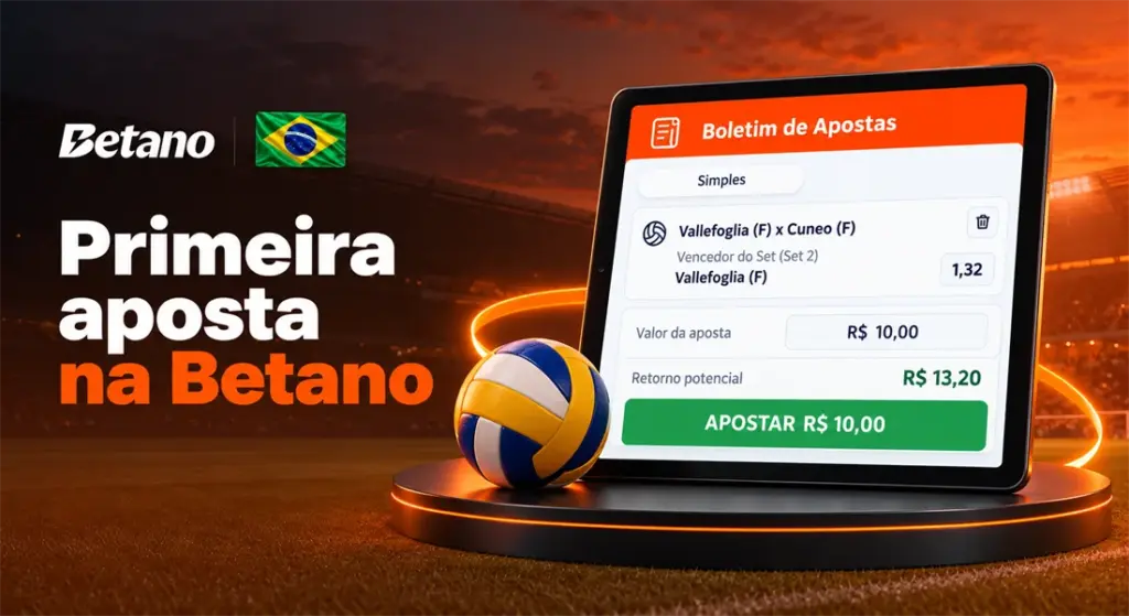 Boletim da Betano com aposta de R$ 10 em uma partida de vôlei