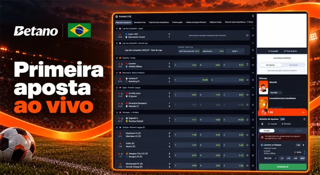 Lista de partidas ao vivo da Betano com uma seleção no boletim de apostas