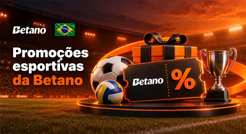 Cupom de promoções esportivas da Betano com bolas e troféu