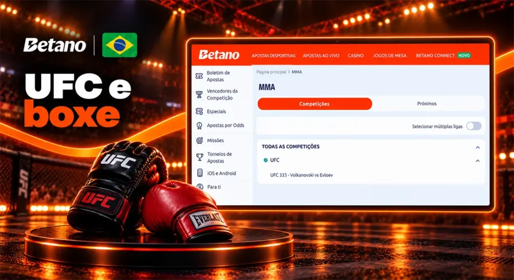 Tela de competições do UFC na Betano com luvas de MMA e boxe