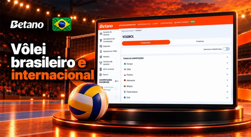 Tela de competições de vôlei na Betano ao lado de uma bola